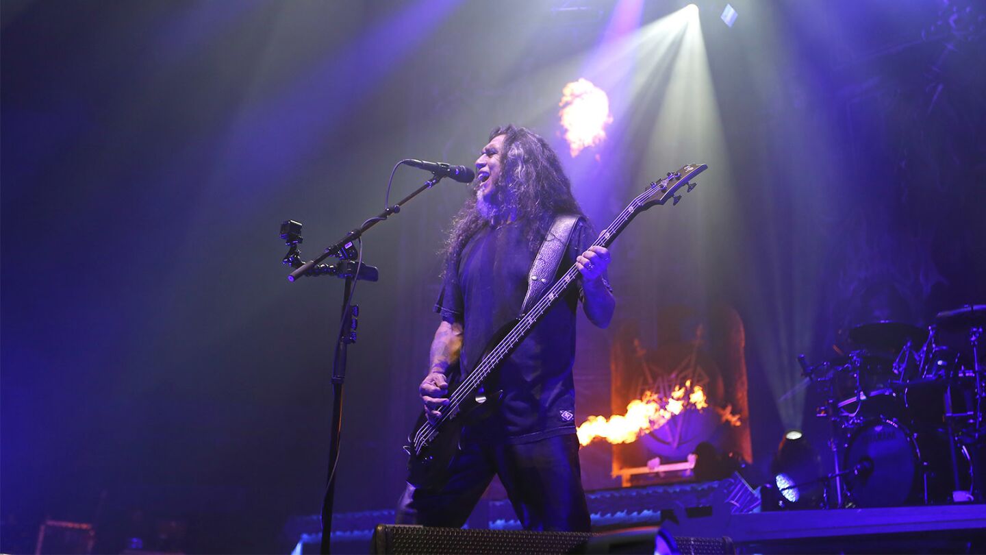 Bassist and singer Tom Araya of the band Slayer plays during the band's opening night of their farewell tour in San Diego on May 10, 2018. (Photo by K.C. Alfred/ San Diego Union -Tribune)