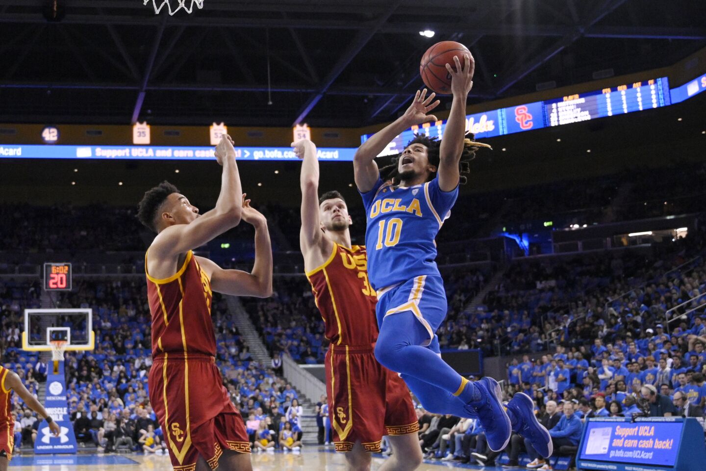 UCLA guard Tyger Campbell puts up a shot during a game against USC on Jan. 11 at Pauley Pavilion.