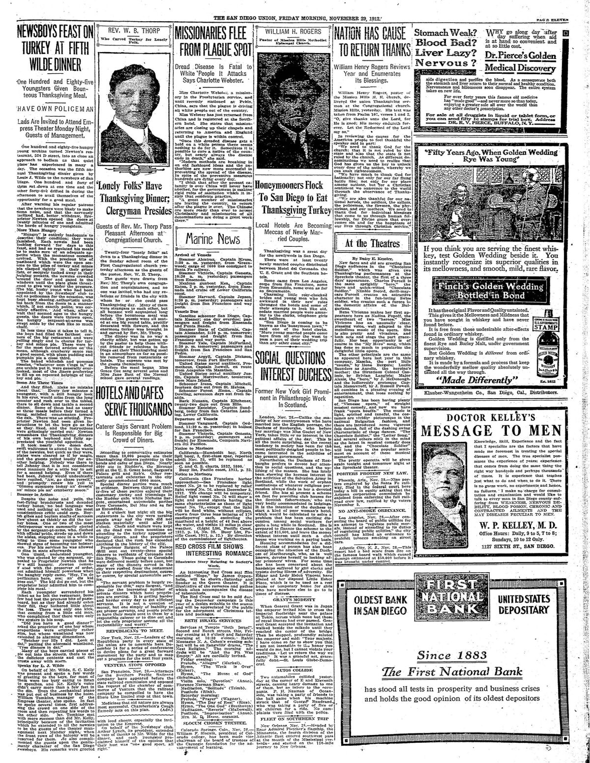 "NEWSBOYS FEAST ON TURKEY AT FIFTH WILDE DINNER," From The San Diego Union and Daily Bee, Friday, Nov. 29, 1912.
