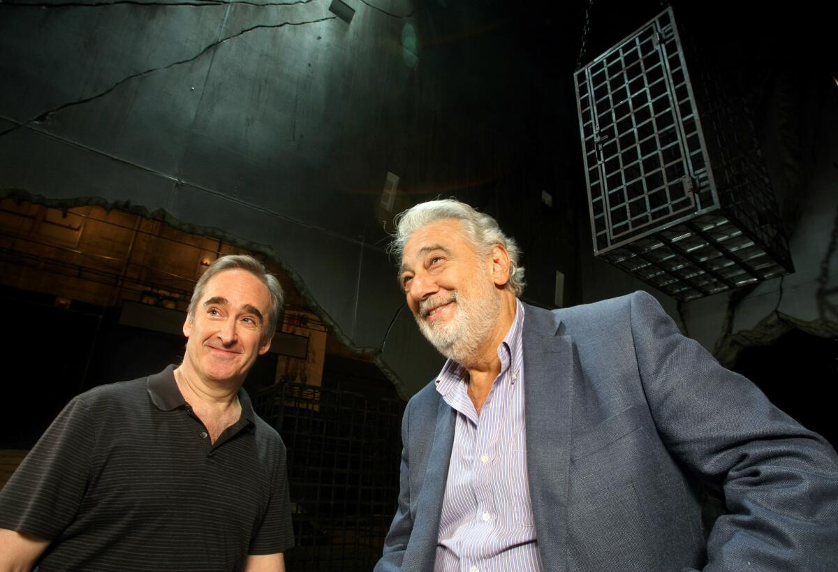 Placido Domingo, right, and James Conlon are shown at the Dorothy Chandler Pavilion in 2012.