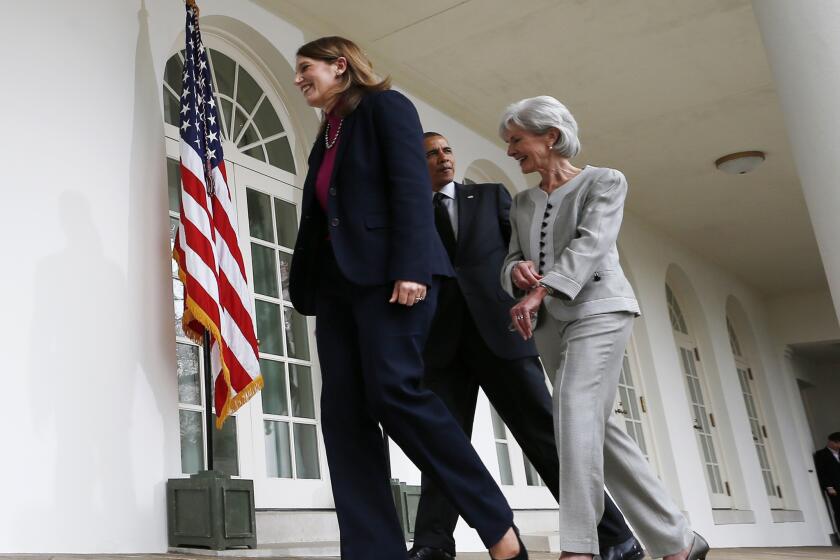 President Obama walks with Sylvia Mathews Burwell, left, whom he has nominated as secretary of Health and Human Services, and Kathleen Sebelius, who is stepping down from that post.