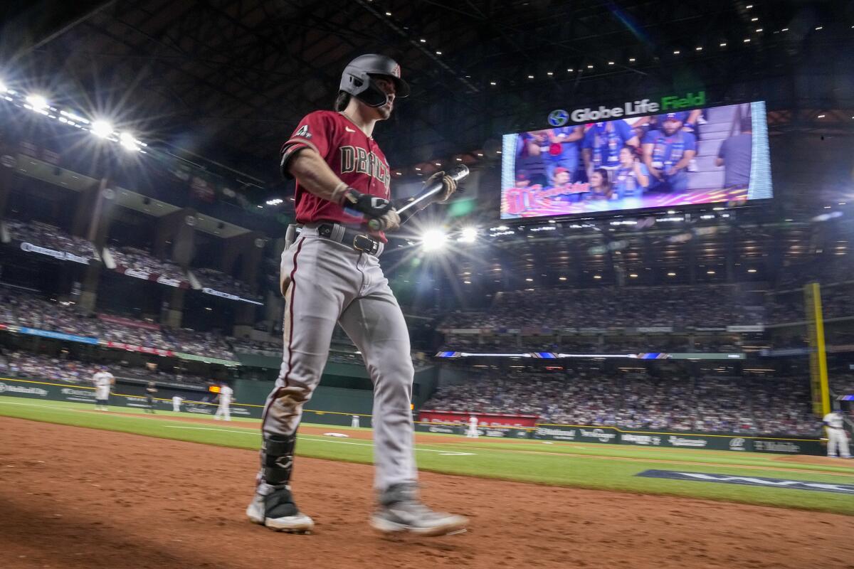 Arizona's Corbin Carroll walks to the plate during the fifth inning of Game 1 of the World Series.