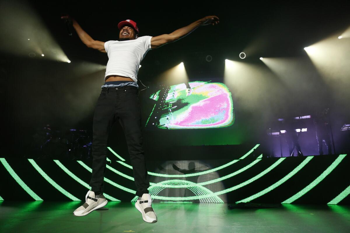Chance the Rapper, shown during a concert in Los Angeles in September, is scheduled to perform at the 59th Grammy Awards on Feb. 12 at Staples Center in Los Angeles.