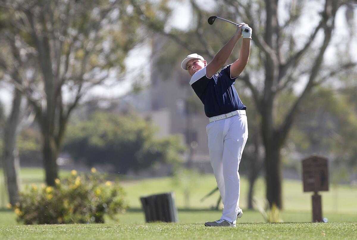 Newport Harbor High's Ethan Barnes, pictured teeing off at Costa Mesa Country Club on April 5, 2017, shot a school-record five-under-par 31 at Big Canyon Country Club Tuesday.