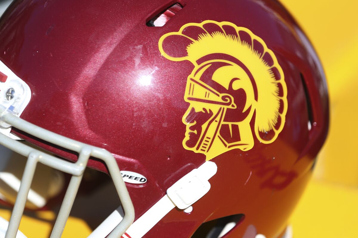 A closeup of the Trojan logo on a USC helmet.