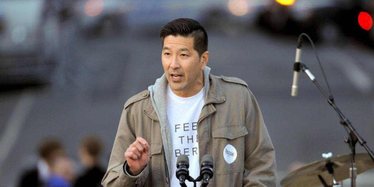 Paul Y. Song at the fateful Sanders rally at which he gave Twitter users something new to get outraged about. (Getty Images)