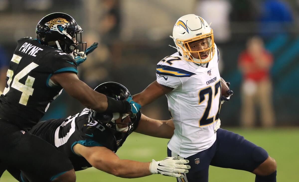 Chargers' Justin Jackson rushes for yardage during a game against the Jacksonville Jaguars on Dec. 08, 2019.