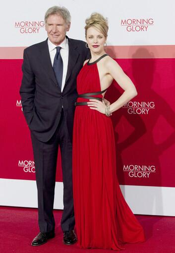 Canadian actress Rachel McAdams, right, and U.S. actor Harrison Ford arrive for the German premiere of the movie "Morning Glory " in Berlin.