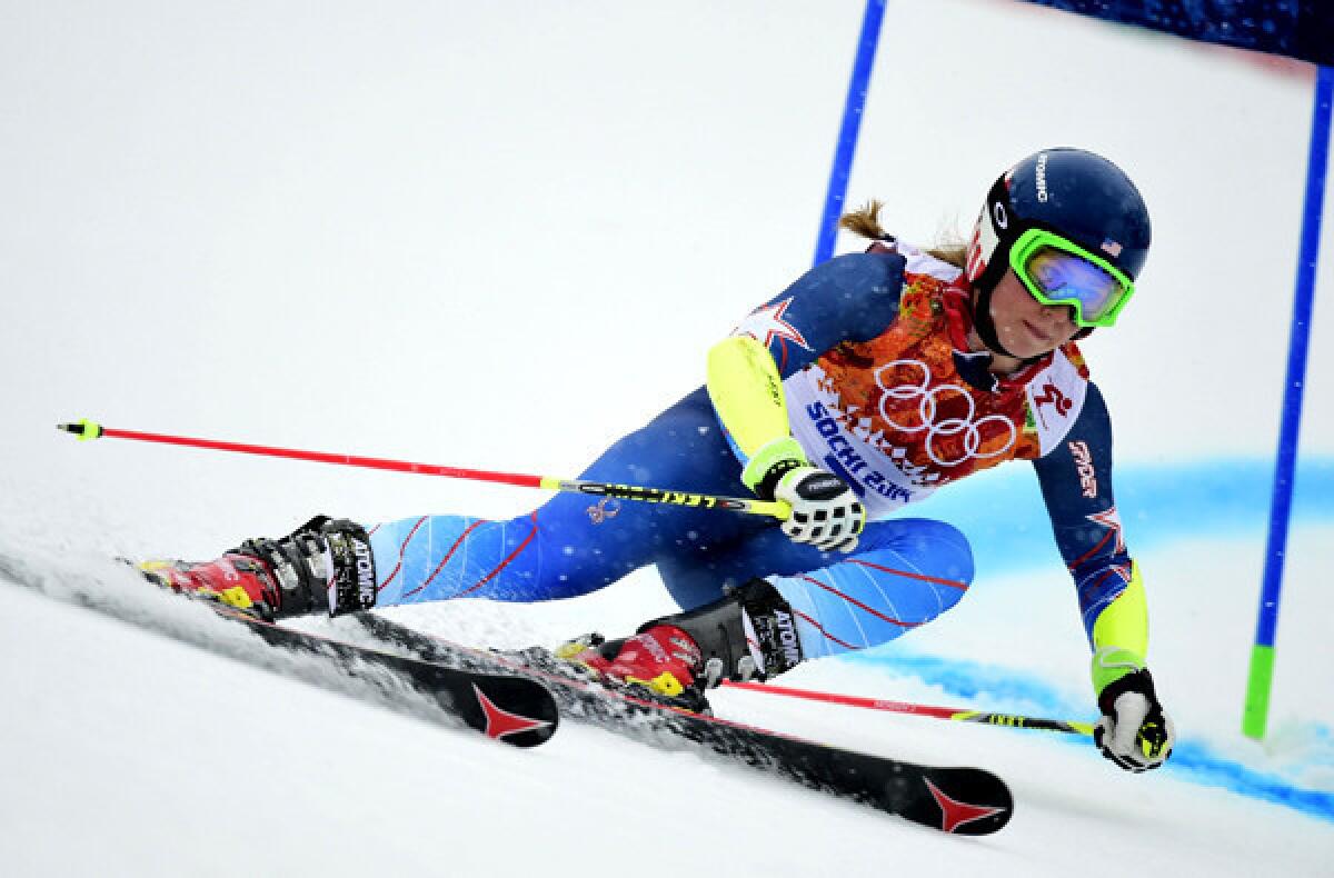 US skier Mikaela Shiffrin makes her first run during the women's giant slalom at the Sochi Olympics on Tuesday at the Rosa Khutor Alpine Center.