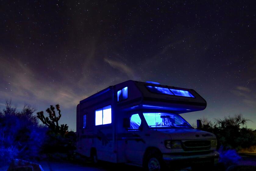 Joshua Tree, CA - January 26: An RV camper and night sky in Joshua Tree National Park Wednesday, Jan. 26, 2022. (Allen J. Schaben / Los Angeles Times)