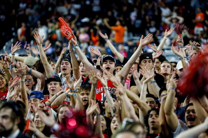 Houston, TX - April 1: San Diego State Aztecs fans cheer their team during the semifinal round of the 2023 NCAA Men's Basketball Tournament played between the San Diego State Aztecs and the Florida Atlantic Owls at NRG Stadium on Saturday, April 1, 2023 in Houston, TX. (K.C. Alfred / The San Diego Union-Tribune)