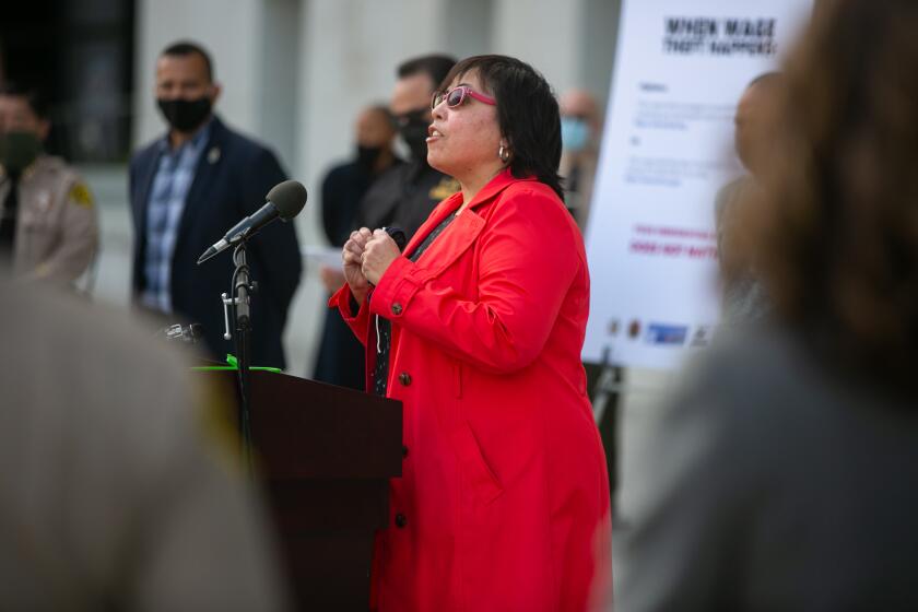 LOS ANGELES, CA - FEBRUARY 09: Labor Commissioner Lilia Garcia-Brower speaks at a press conference where a a new sheriff's task force targeting wage theft was announced on Tuesday, Feb. 9, 2021 in Los Angeles, CA. (Jason Armond / Los Angeles Times)