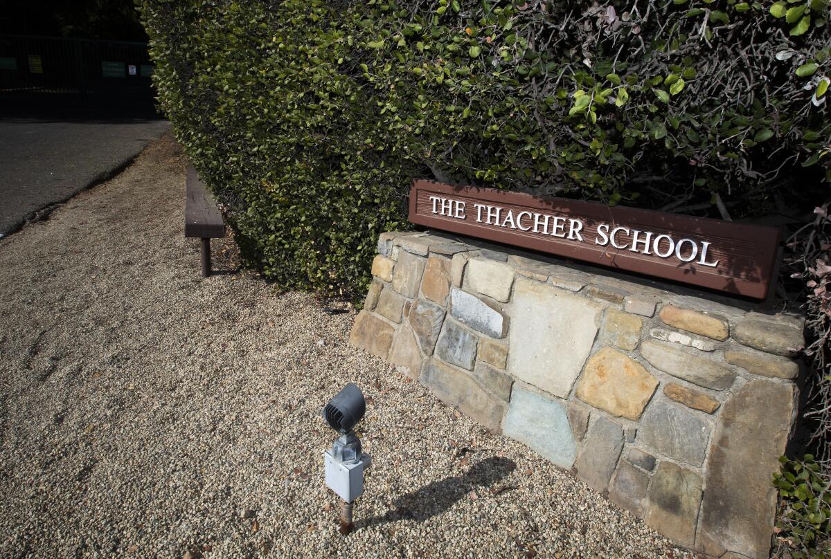 A sign at the entrance of the Thacher School