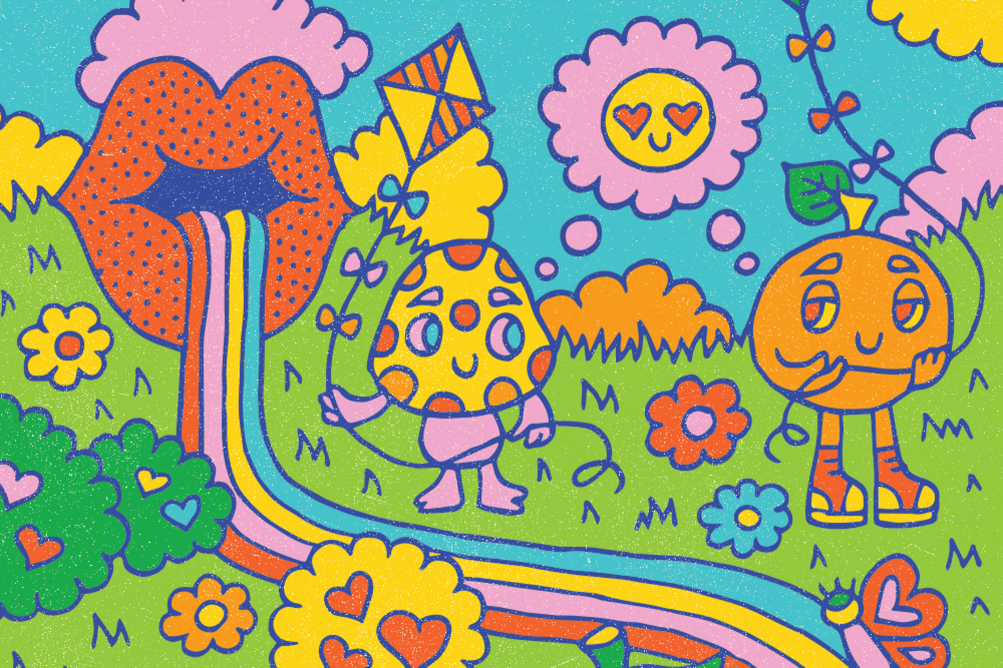 Illustration of food characters falling in love at the park.