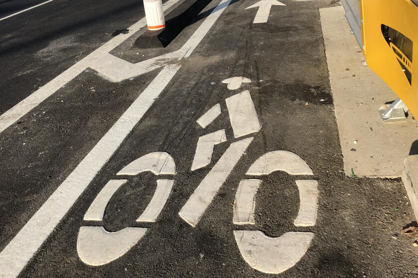 A view of a bike lane symbol on the tarmac of the 6th Street Bridge