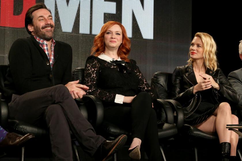 Jon Hamm, Christina Hendricks, center, and January Jones on the "Mad Men" panel at the 2015 Television Critics Assn. press tour Saturday in Pasadena.