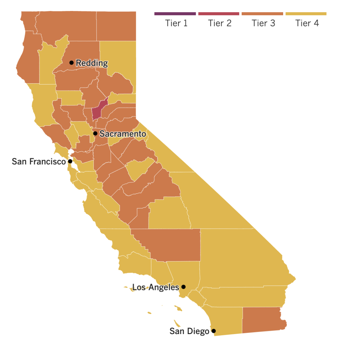 A map of California counties' tier assignments at the time of the state's reopening on June 15, 2021. 