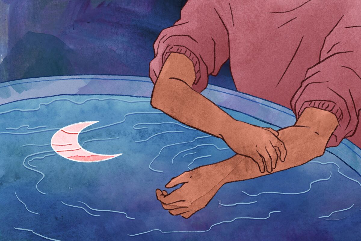 A person washing their hands over a pool of water with a crescent moon reflected.