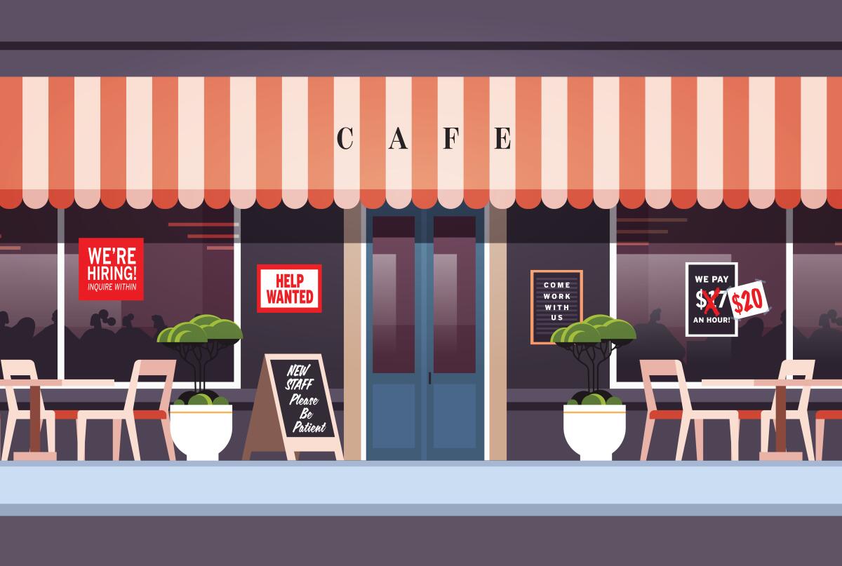 An illustration of a cafe with a striped awning and many help wanted signs