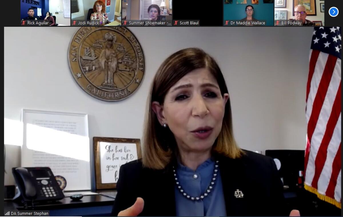 San Diego County District Attorney Summer Stephan addresses the La Jolla Village Merchants Association online Feb. 9.