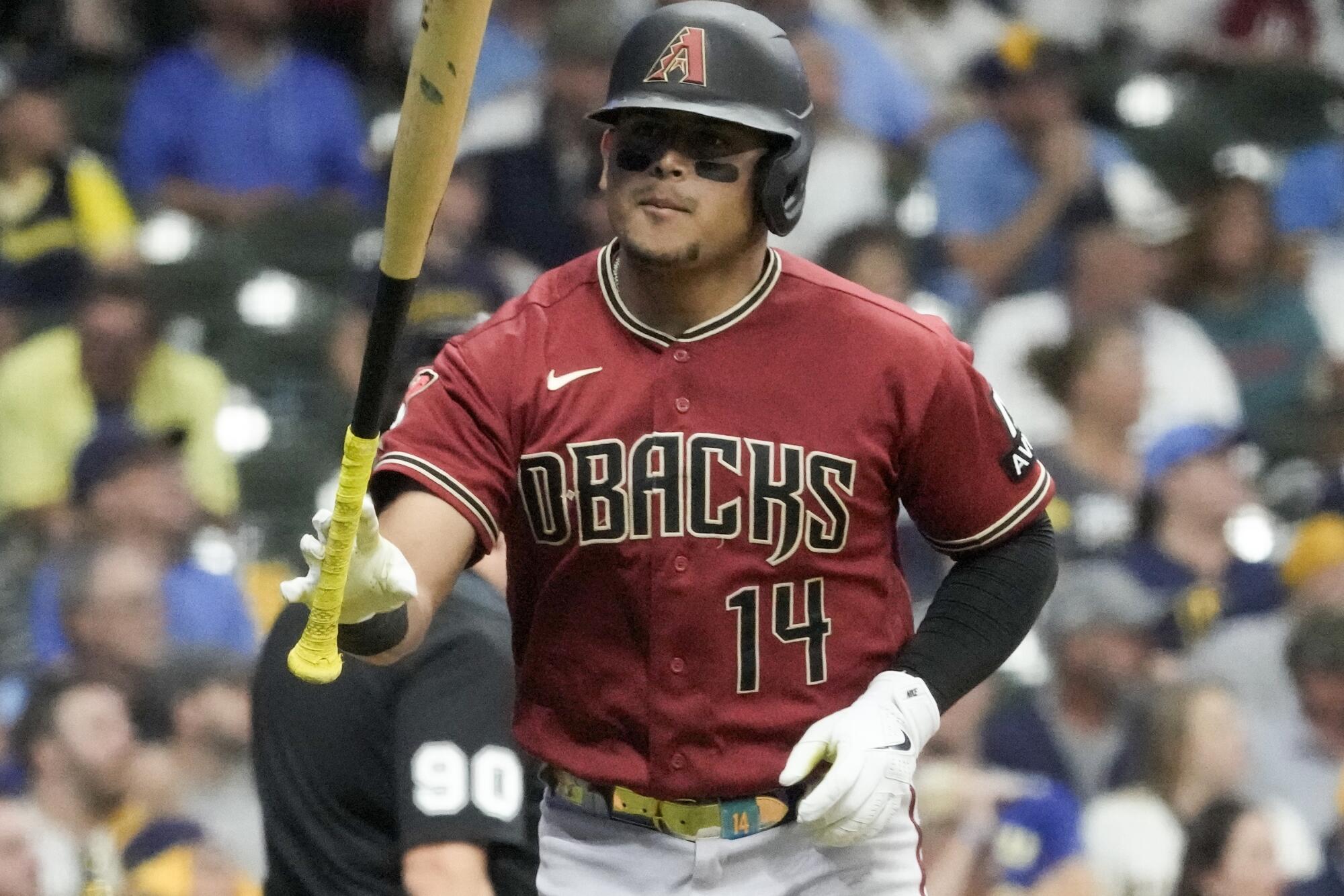 Arizona Diamondbacks' Gabriel Moreno reacts after hitting a home run against the Milwaukee Brewers on Oct. 3, 2023.