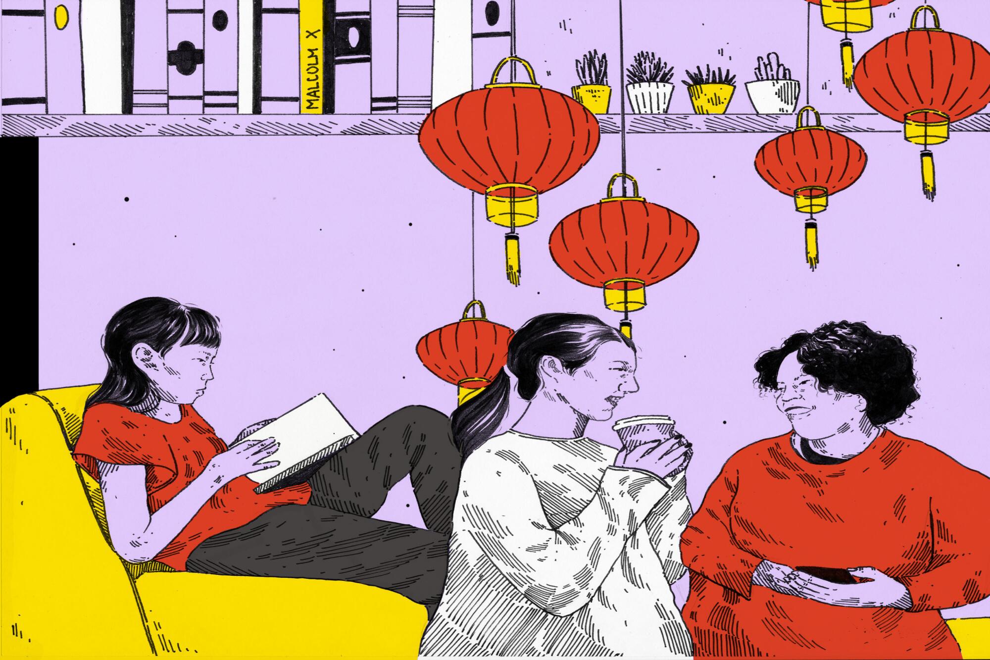 Illustration shows a person reading a book and people talking.