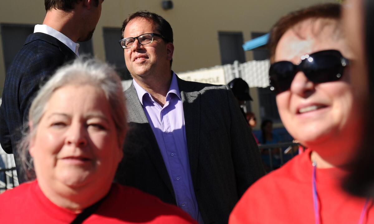 UTLA President Alex Caputo-Pearl speaks to supporters after a press conference in August 2014.
