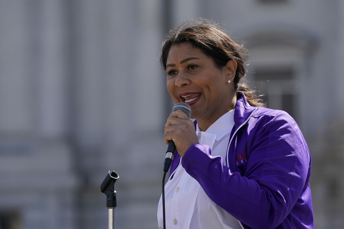 FILE — In this March 13, 2021 file photo Mayor London Breed speaks at a rally in San Francisco. Breed, on Monday Aug., 2, 2021 agreed to pay nearly $23,000 in a fine to the city's Ethics Commission for a series of ethics violations while in office, the San Francisco Chronicle reported Monday. (AP Photo/Jeff Chiu, File)