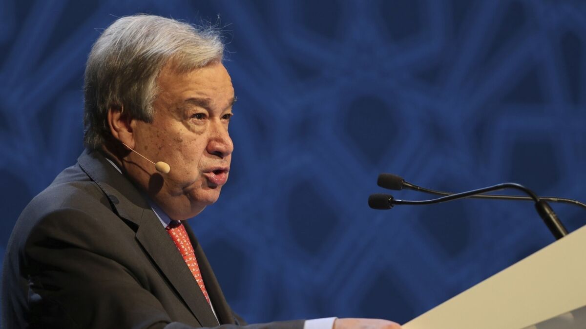 United Nations Secretary-General Antonio Guterres addresses the audience at the opening ceremony of the U.N. climate change summit in Abu Dhabi, United Arab Emirates, on June 30, 2019.