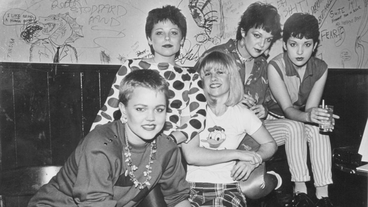 The GoGos backstage at the Whisky in 1980. From left: Belinda Carlisle, Gina Schock, Charlotte Caffey, former bassist Margot Olaverra and Jane Wiedlin.