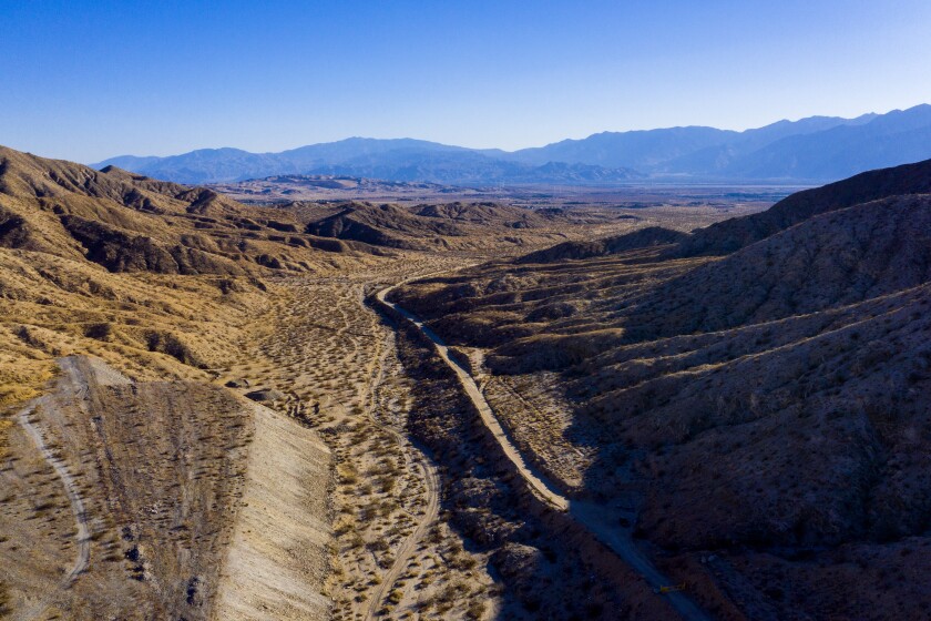 DESERT HOT SPRINGS, CA - February 24: A drone view of the Long Canyon hiking trail in Desert Hot Springs, which connects to the Yucca Valley Wednesday, Feb. 24, 2021. (Allen J. Schaben / Los Angeles Times)