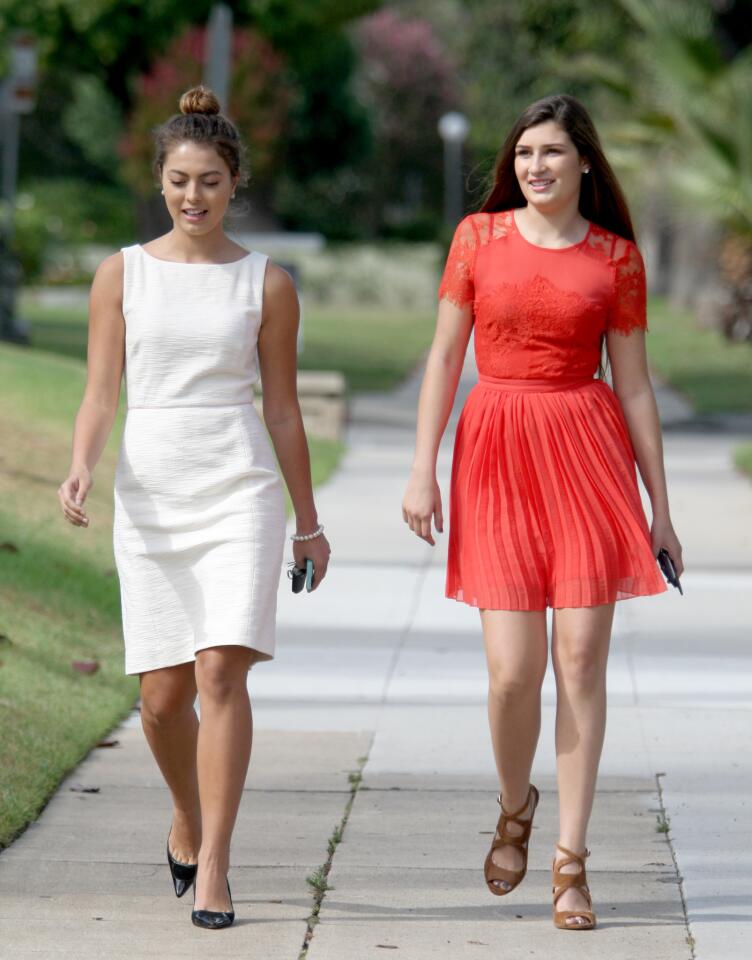 La Cañada High School seniors Sydney, left, and Tate, both seniors and 17 years old, arrive for the Rose Court try-outs at the Pasadena Tournament of Roses Tournament House in Pasadena on Tuesday, Sept. 15, 2015.
