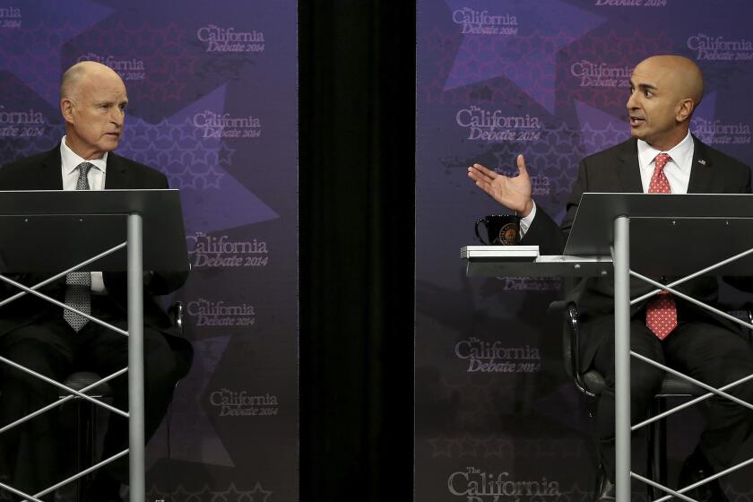 Democratic incumbent Jerry Brown, left, and his Republican challenger Neel Kashkari met Thursday night in their first, and likely only, debate of the race for California governor.
