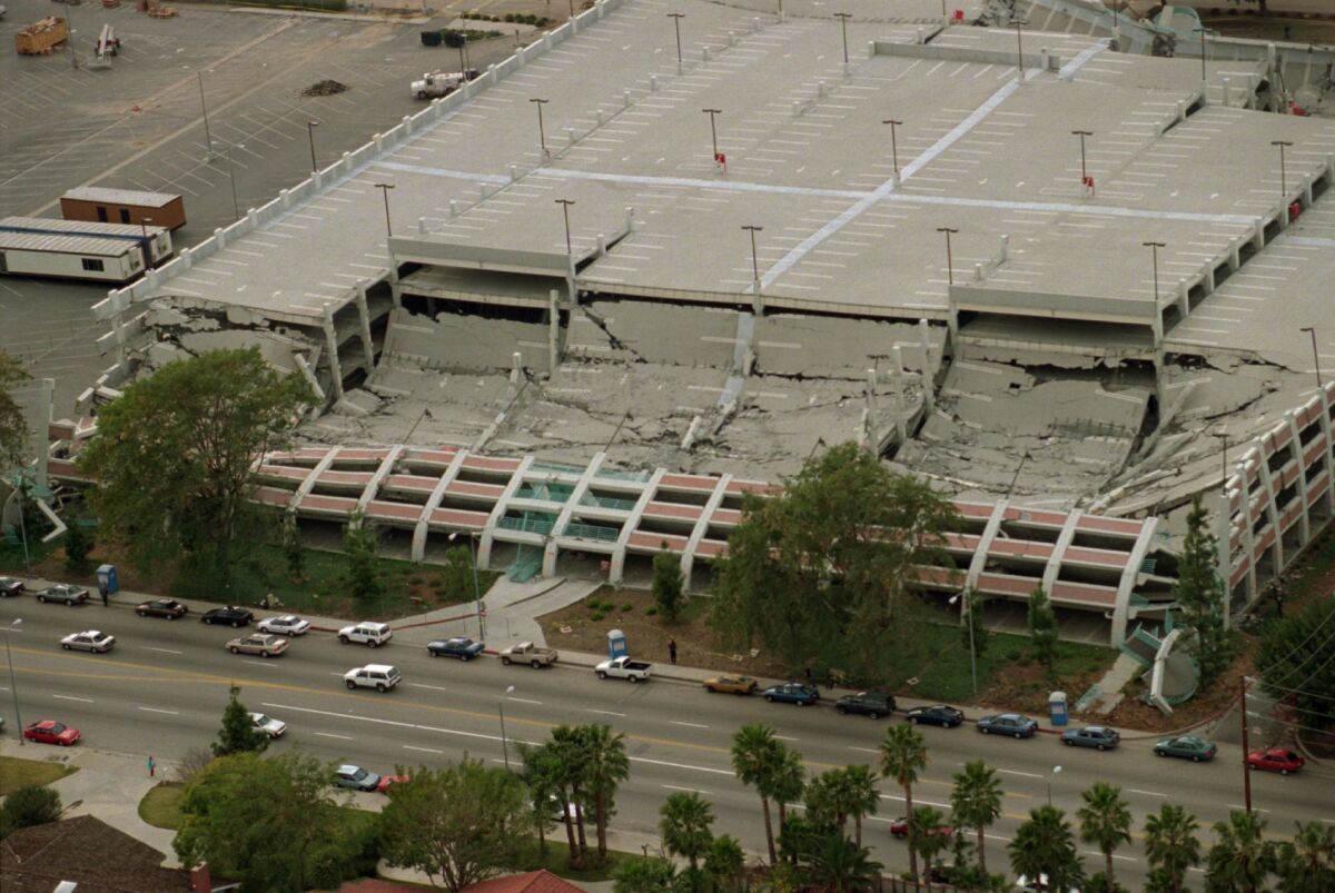 Aerial view of the Cal State Northridge parking structure destroyed in the 1994 Northridge earthquake.