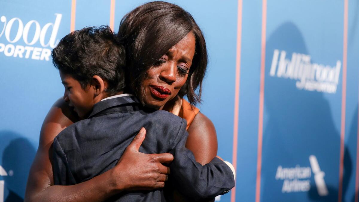 Sunny Pawar ("Lion") and Viola Davis ("Fences") greet each other at the Hollywood Reporter's 2017 Academy Awards Nominees Night at Spago in Beverly Hills on Feb. 6.
