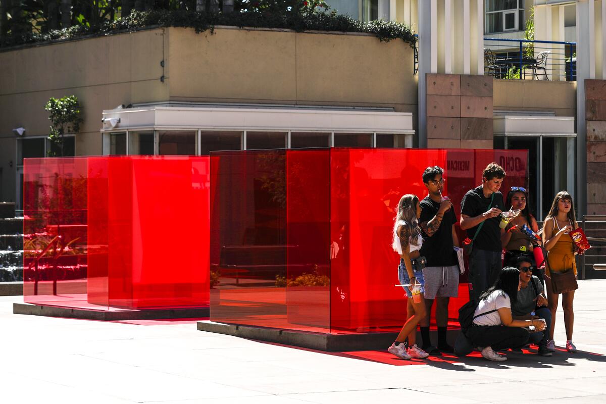 “Bill and Coo at MOCA’s Nest,” a new outdoor installation by Los Angeles artist Larry Bell, was commissioned for the plaza outside MOCA. 