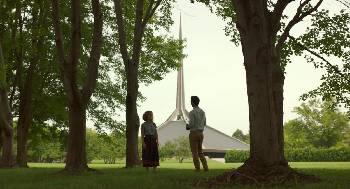 Haley Lu Richardson and John Cho by Eero Saarinen's North Christian Church in "Columbus."