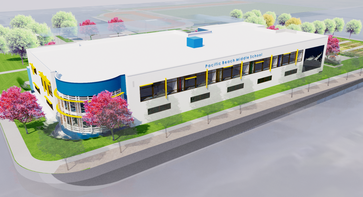 An architect’s rendering of the proposed ‘new’ Pacific Beach Elementary School, under construction at Ingraham and Felspar Streets.