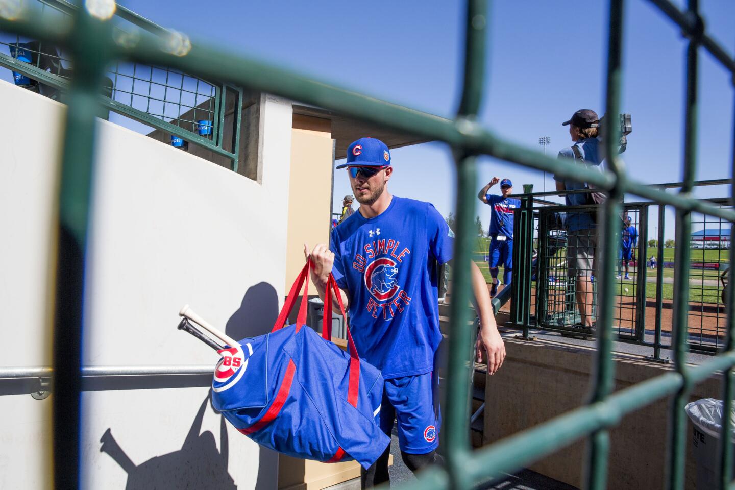 Kris Bryant leaves the field after practice at Sloan Park on Sunday, Feb. 28, 2016, in Mesa, Ariz.