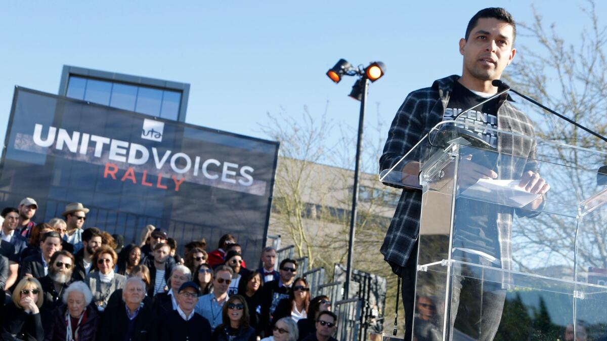 Wilmer Valderrama speaks at a rally organized by United Talent Agency in Los Angeles.