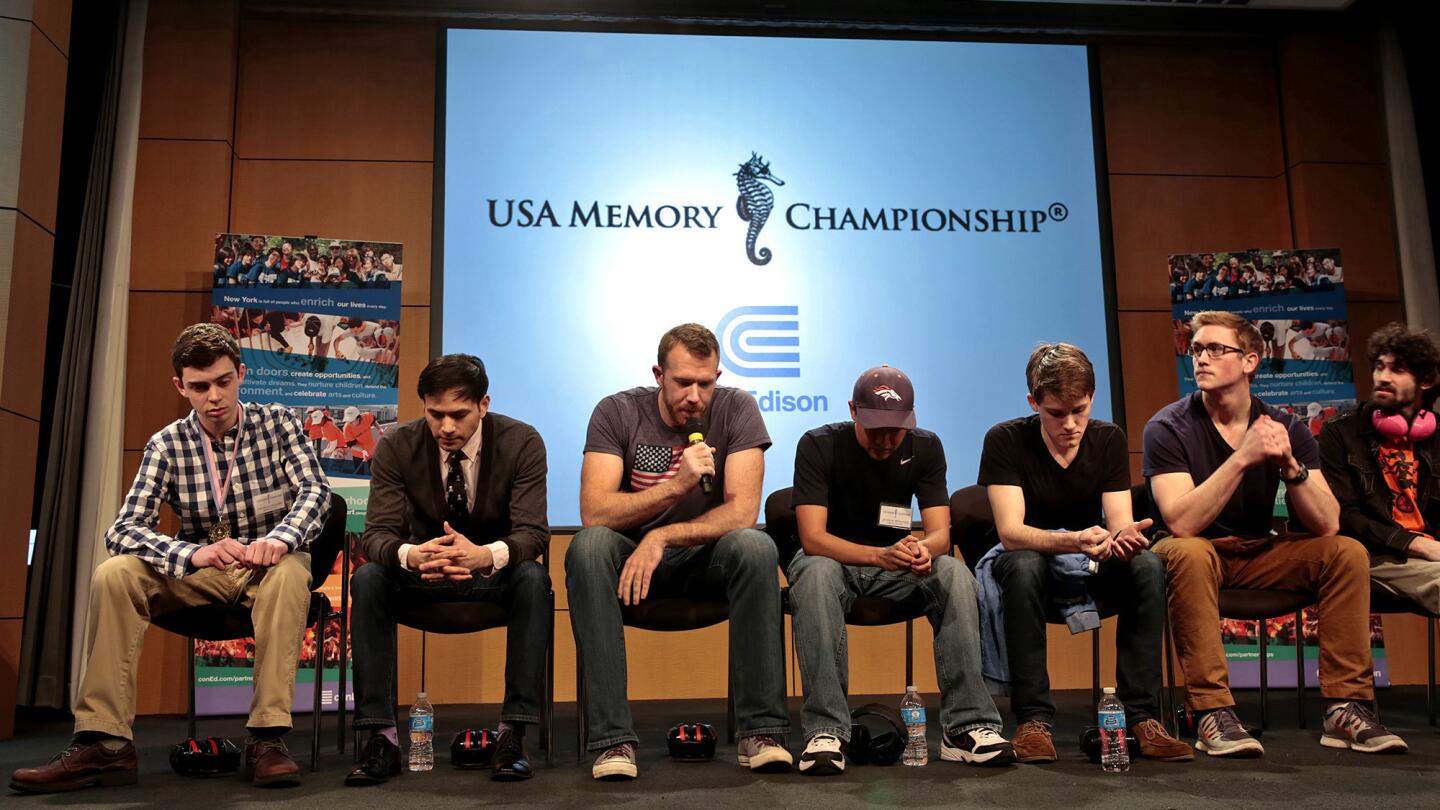 Seven of the eight finalists in the 17th USA Memory Championship: from left, Patrick Walsh, Livan Grijalva, Nelson Dellis, Johnny Briones, Michael Mirski, Alexander Mullen and Lance Tschirhart. In this round, they took turns remembering a list of 200 words in order.