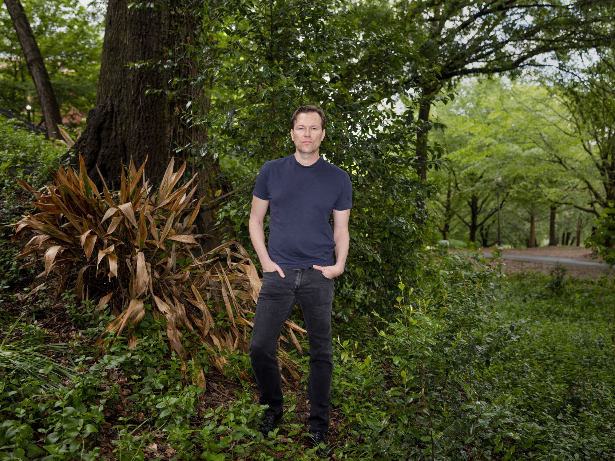 Feature film casting director Chad Darnell outside next to his home in Atlanta on April 14, 2023.