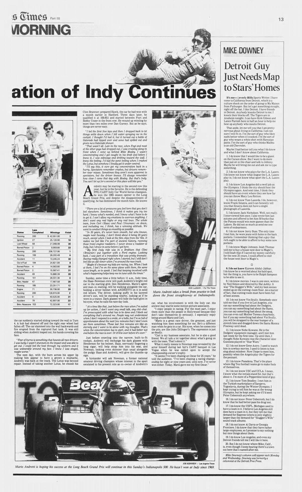 Mike Downey's first column in the Los Angeles Times appeared on May 20, 1985.