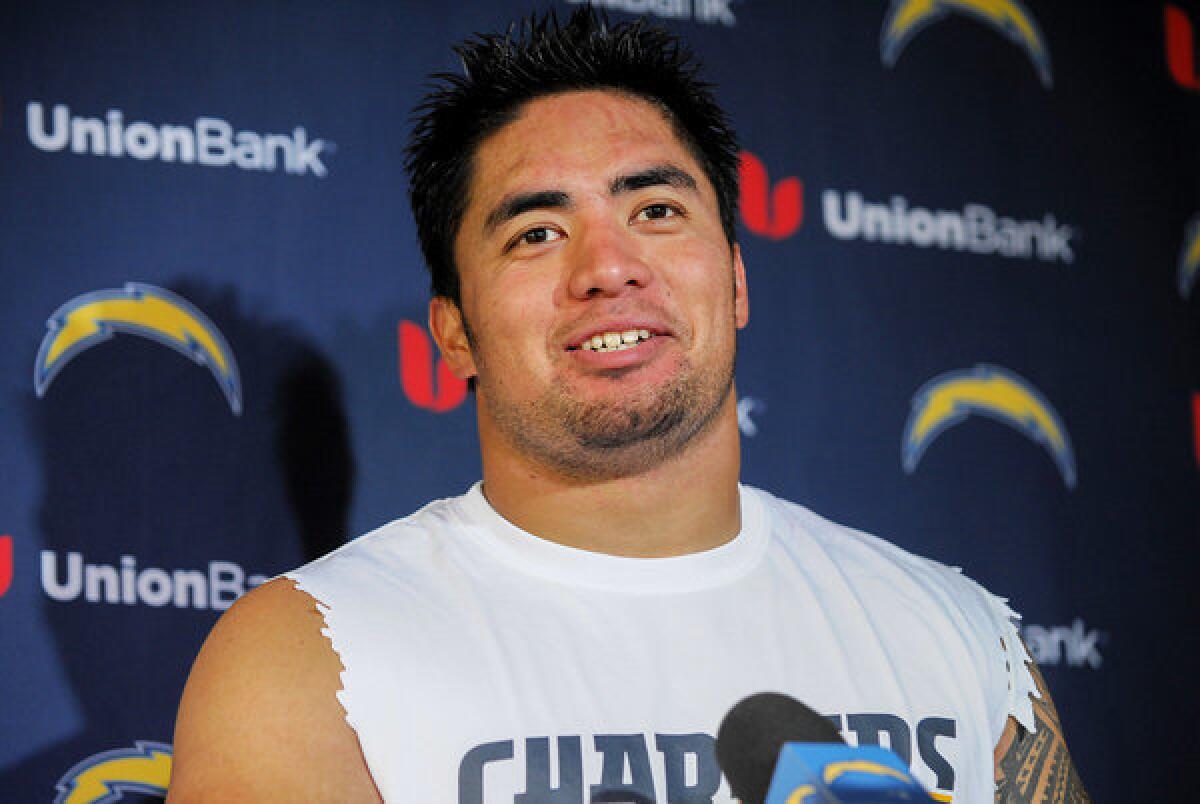 San Diego Chargers linebacker Manti Te'o answers questions after mini-camp held at the Chargers' facility.