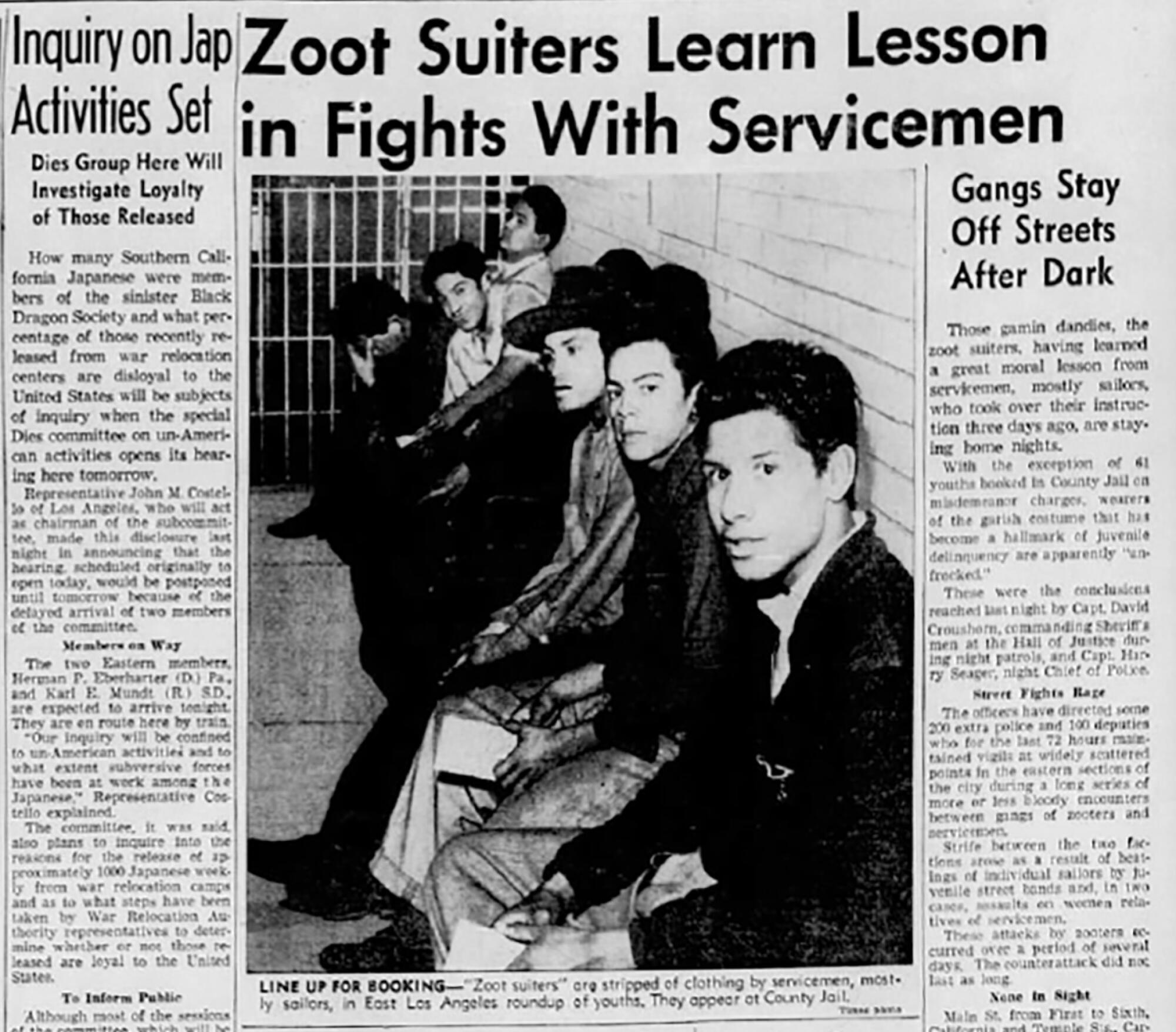 Headlines read "Zoot suiters learn lesson in fights with servicemen" and "Inquiry on Jap activities set"