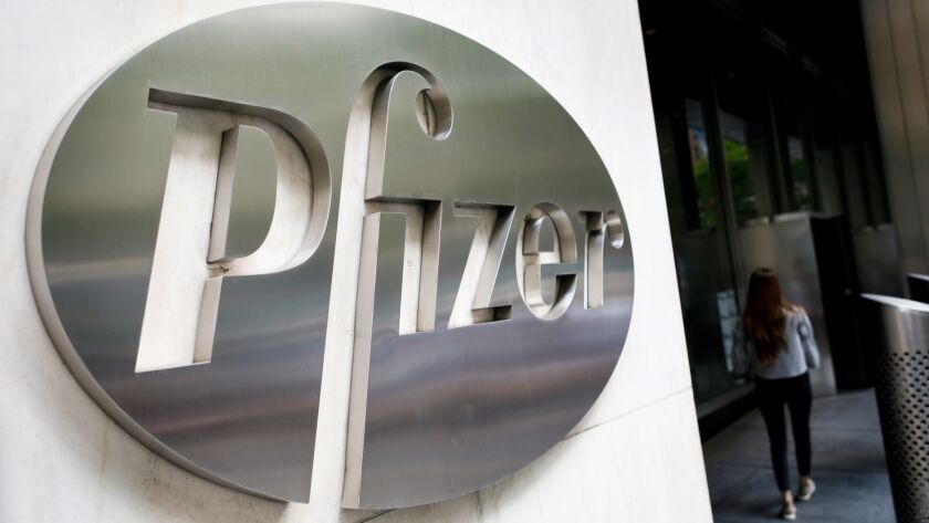 Pfizer logo at its New York City headquarters.