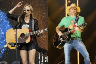 Split image: Sheryl Crow, left, plays guitar in shorts and a jacket; Jason Aldean, left, plays guitar in a T-shirt and jeans
