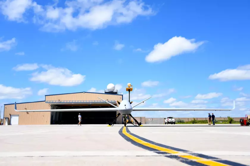 An MQ-9B SkyGuardian prepares to taxi at the Grand Forks Air Force Base in North Dakota in 2018.
