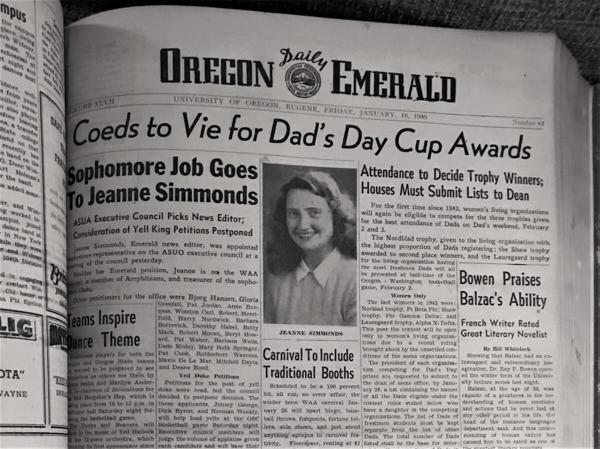 A 1946 article in the University of Oregon's student-run paper announces Jeanne Simmonds as news editor.
