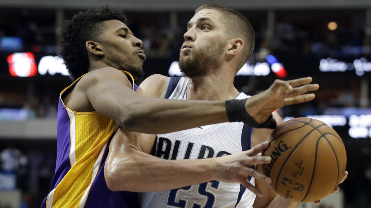 Dallas Mavericks forward Chandler Parsons, right, tries to drive past Lakers small forward Nick Young during the Lakers' 140-106 loss in Dallas on Nov. 21.